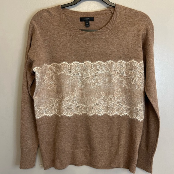 NWOT J. CREW Needle Punch Lace Wool Blend Crewneck Sweater brown cream size XXS - Picture 2 of 14